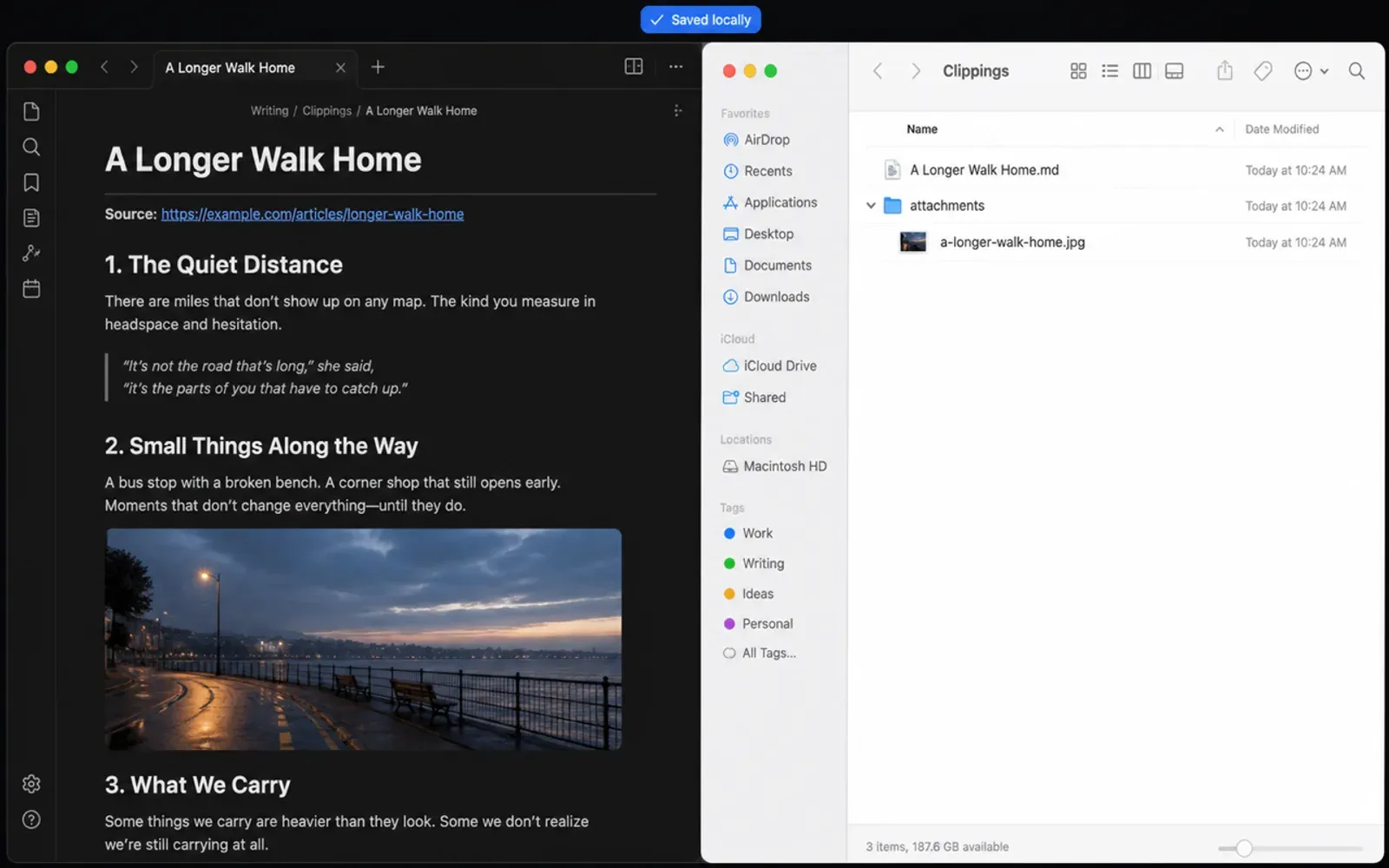 A saved article open as Markdown next to the vault folder holding the note and its attachments