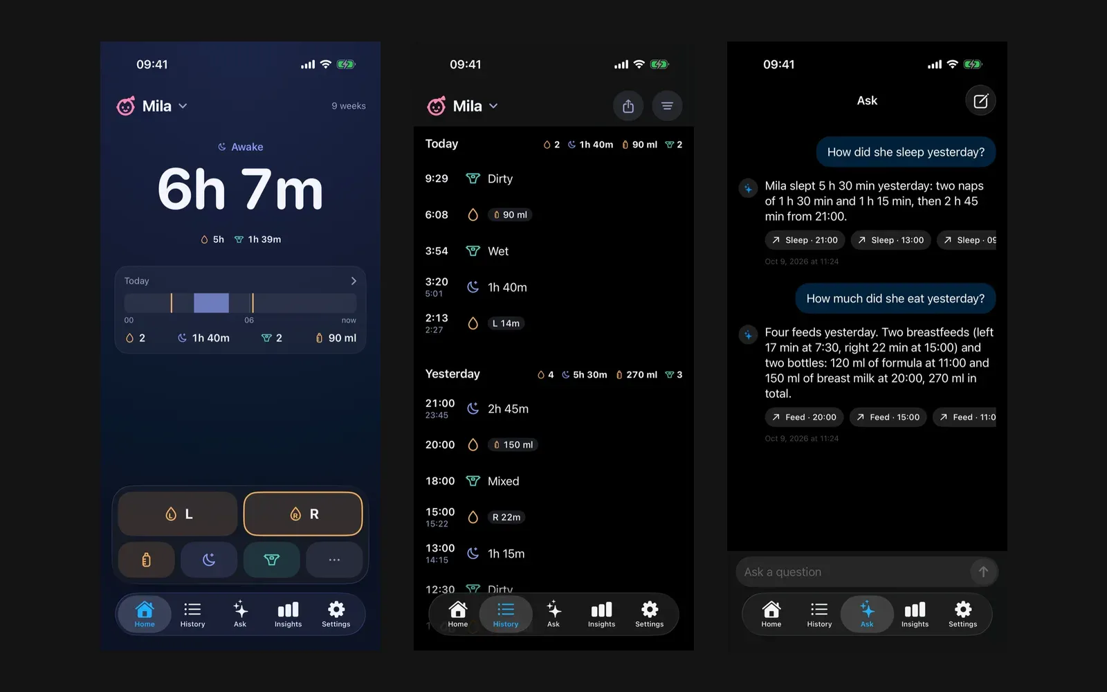 Three iPhone screens: Home with time awake and today's timeline, History grouped by day, and Ask answering a question about yesterday's sleep