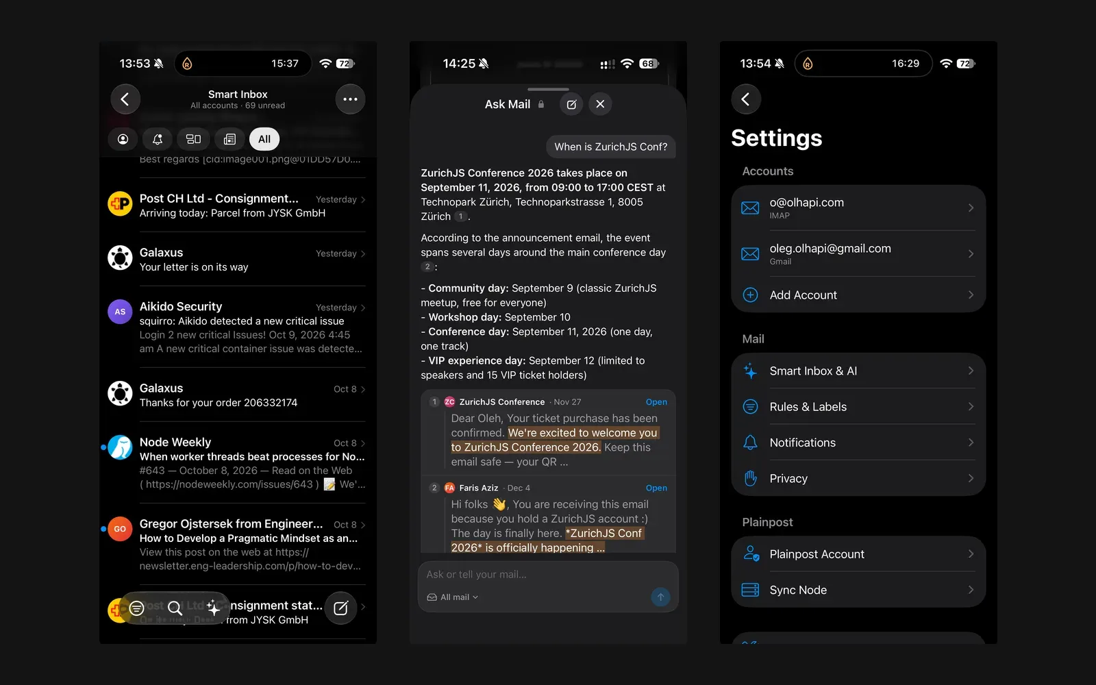 Three iPhone screens: Smart Inbox across all accounts, Ask Mail answering a question with the messages it used, and Settings