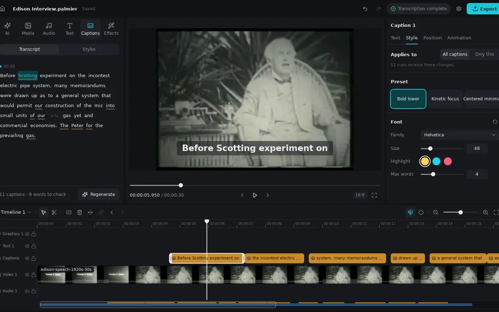 The editor with a transcript beside the preview, caption cues on the timeline and caption styling on the right