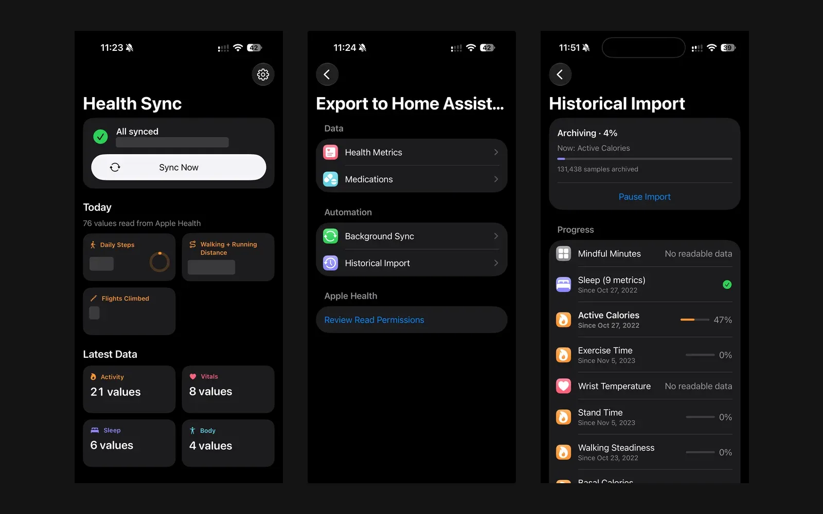Three iPhone screens: the sync dashboard, the export settings and a historical import in progress